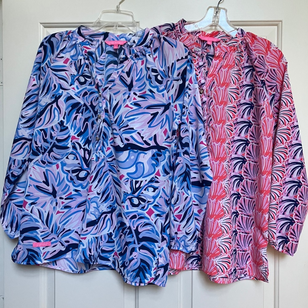 Simply Southern Women's Blouse Lot of 2 Size S Long Sleeve Button Tropical Print